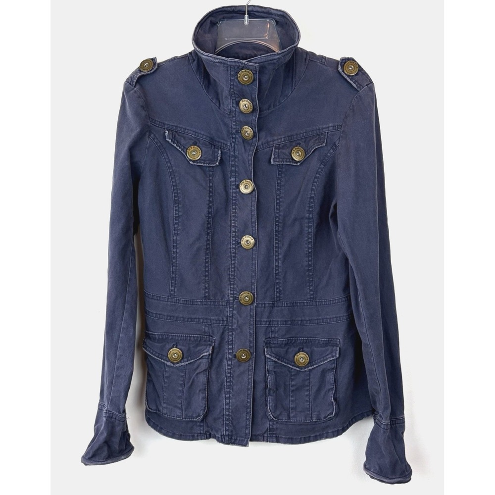 BB Dakota Utility Jacket Women Large Blue Distressed Brass Hardware Casual